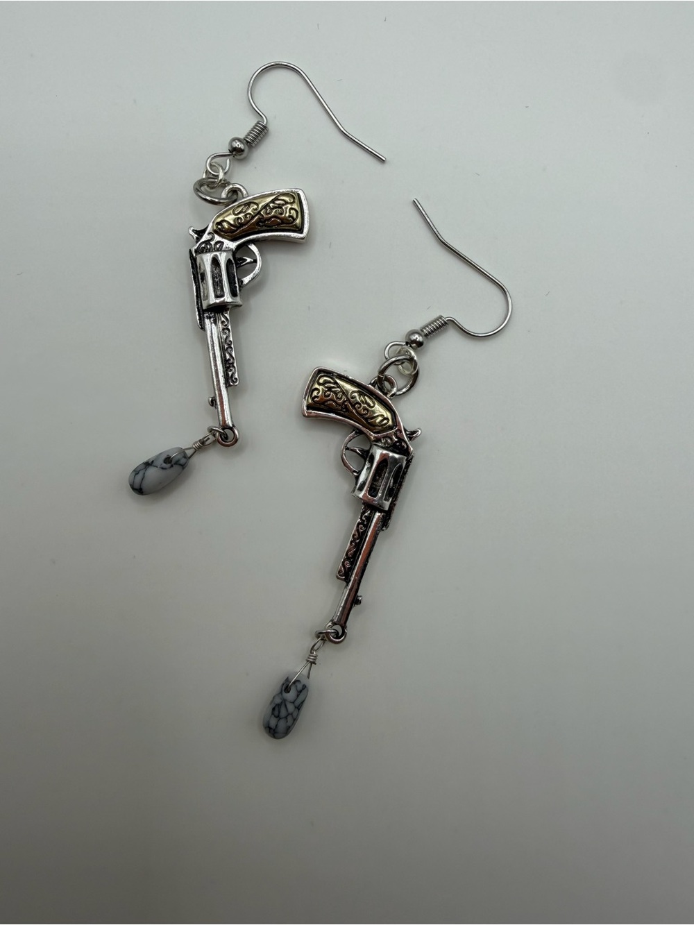 Silver and Gold Revolver Dangle Earrings - Western Gun Charm